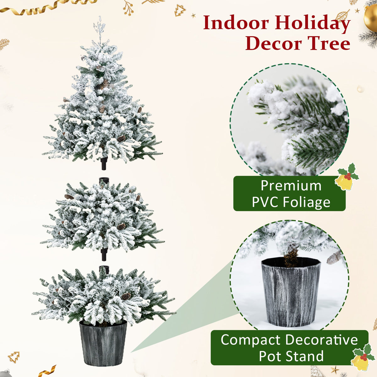 3-Piece Flocked Pre-Lit Christmas Tree Set with Warm White LED Lights - Flocked Finish