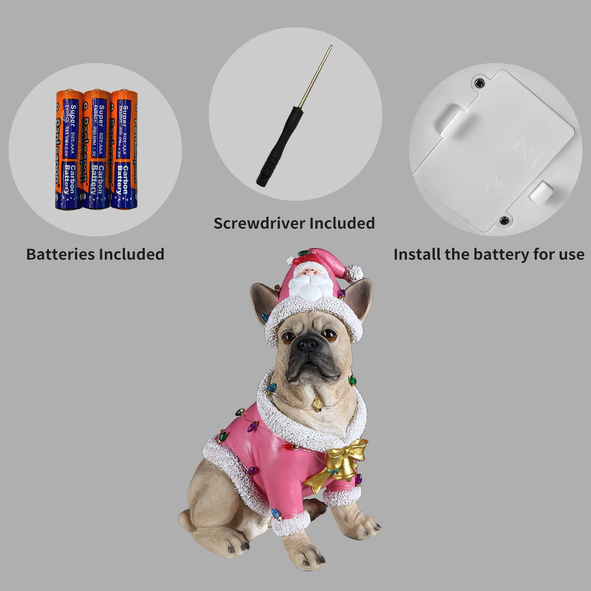 Christmas French Bulldog Statue with Pink Santa Outfit - Multi-Color