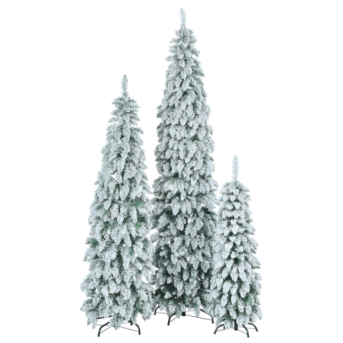 Pre-Lit Pencil Christmas Tree 3-Set, 4ft/6ft/8ft, Snow-Flocked, 290 LED Lights, White and Green