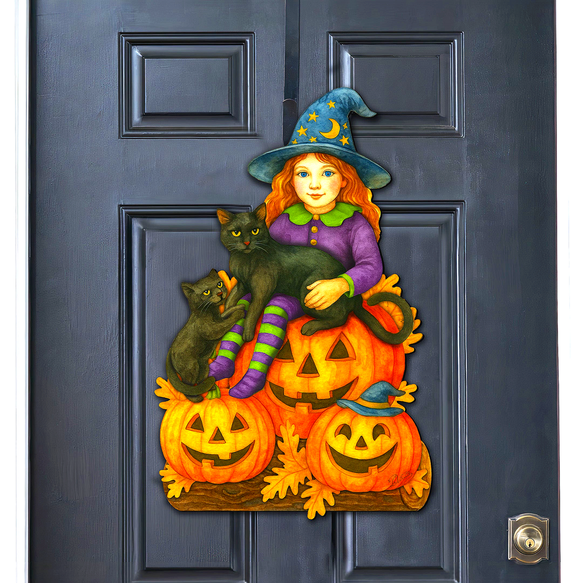 Halloween Witch with Black Cats Door Hanger – Handcrafted Wooden Door Décor by G. DeBrekht
