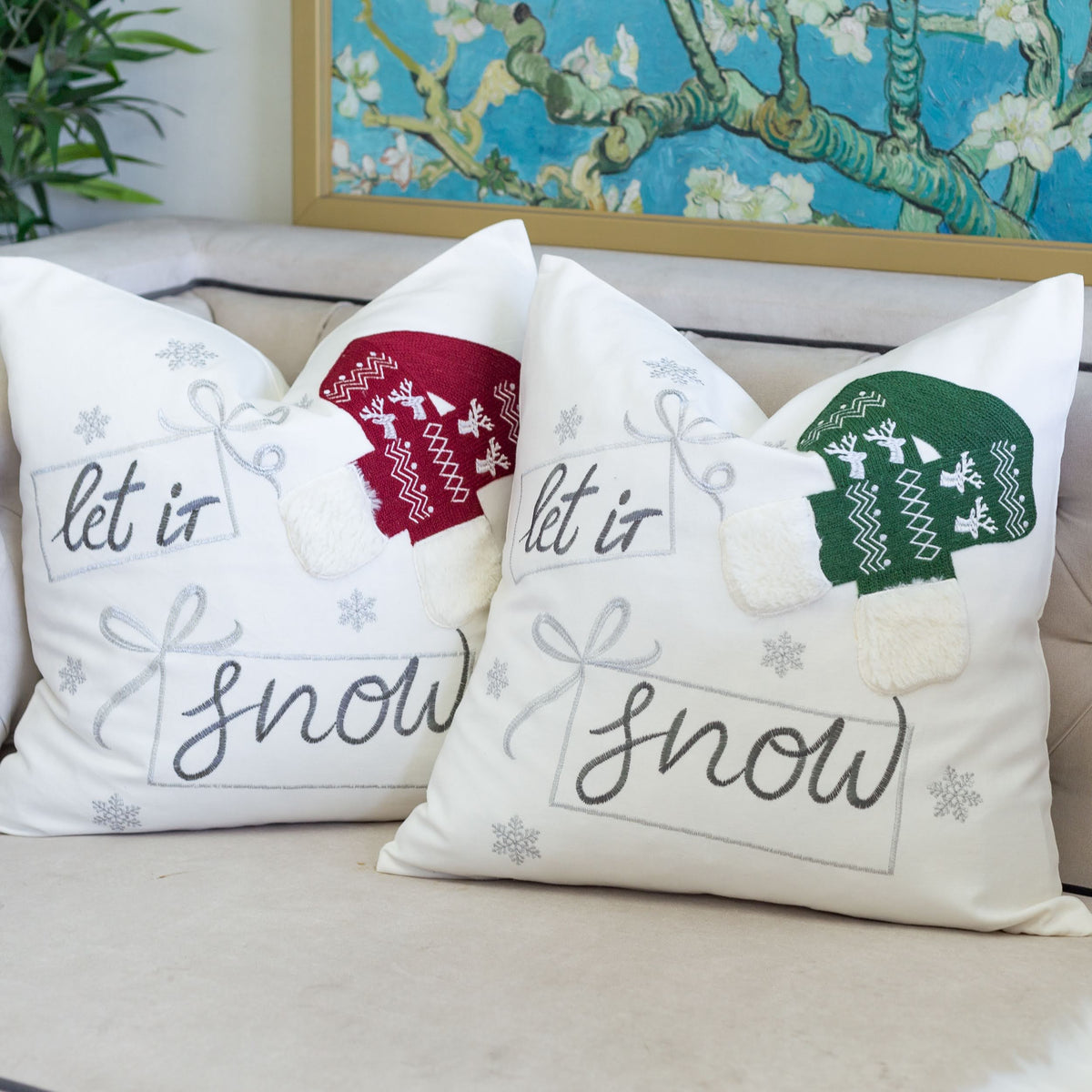 Let It Snow Christmas Throw Pillow with Embroidered Holiday Design - Green or Red