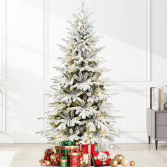7FT PE+PVC Flocked Artificial Christmas Tree, 2086 Tips & 400L Two-Color 9 Modes LED Pre-Lit Christmas Tree, 49 Inch Maximum Diameter with Sturdy Metal Stand, Premium Snow Flocked Xmas Tree