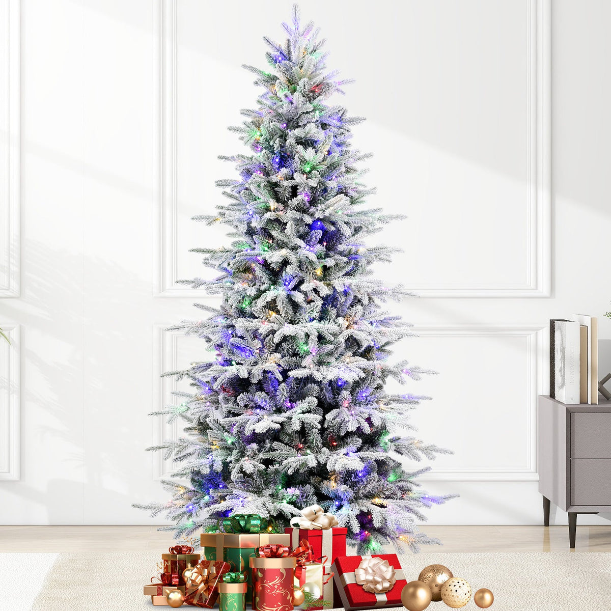 7FT PE+PVC Flocked Artificial Christmas Tree, 2086 Tips & 400L Two-Color 9 Modes LED Pre-Lit Christmas Tree, 49 Inch Maximum Diameter with Sturdy Metal Stand, Premium Snow Flocked Xmas Tree