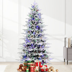 7FT PE+PVC Flocked Artificial Christmas Tree, 2086 Tips & 400L Two-Color 9 Modes LED Pre-Lit Christmas Tree, 49 Inch Maximum Diameter with Sturdy Metal Stand, Premium Snow Flocked Xmas Tree