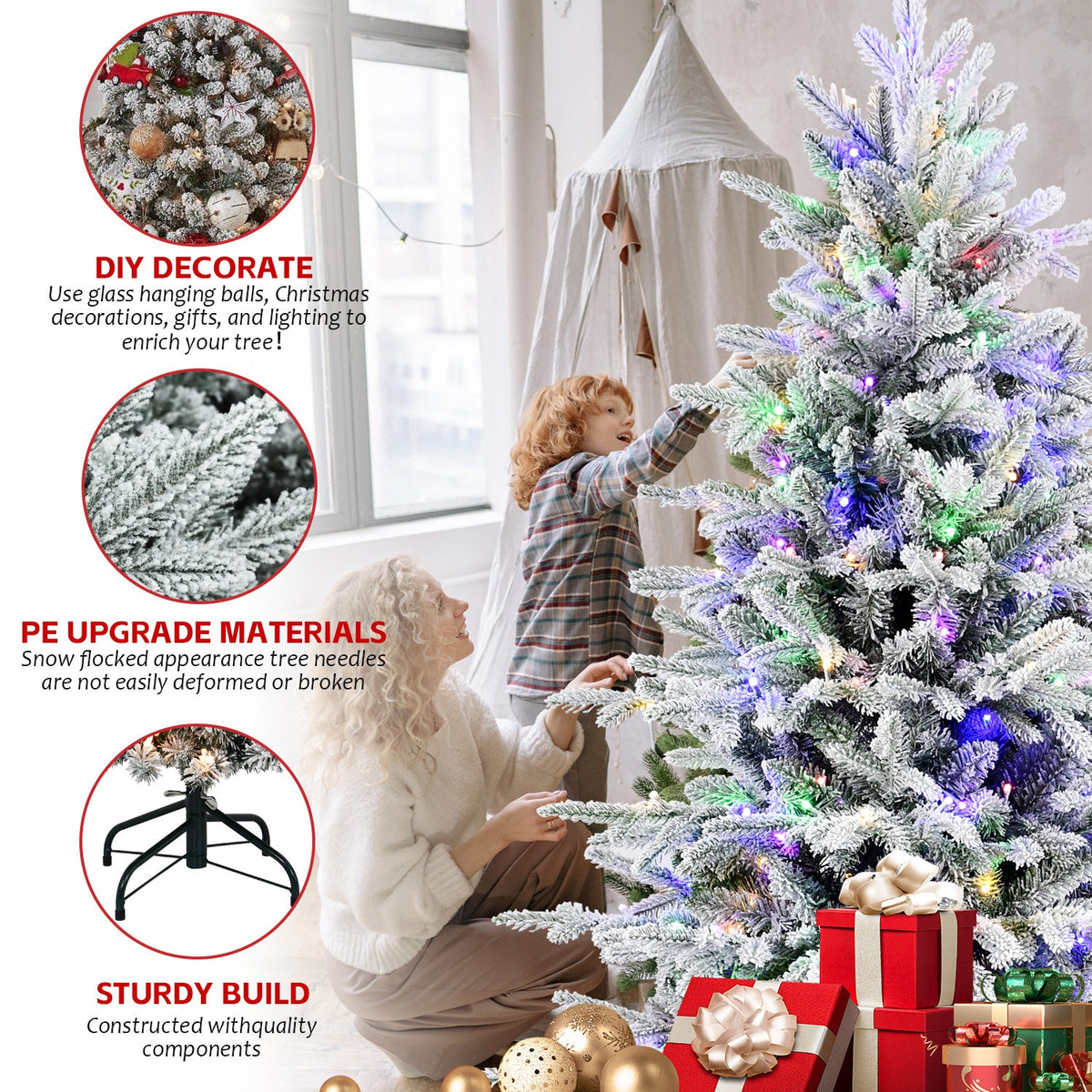 7FT PE+PVC Flocked Artificial Christmas Tree, 2086 Tips & 400L Two-Color 9 Modes LED Pre-Lit Christmas Tree, 49 Inch Maximum Diameter with Sturdy Metal Stand, Premium Snow Flocked Xmas Tree