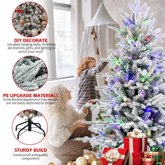 7FT PE+PVC Flocked Artificial Christmas Tree, 2086 Tips & 400L Two-Color 9 Modes LED Pre-Lit Christmas Tree, 49 Inch Maximum Diameter with Sturdy Metal Stand, Premium Snow Flocked Xmas Tree