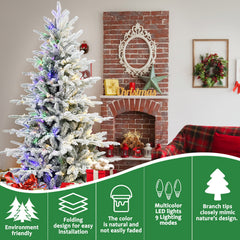 7FT PE+PVC Flocked Artificial Christmas Tree, 2086 Tips & 400L Two-Color 9 Modes LED Pre-Lit Christmas Tree, 49 Inch Maximum Diameter with Sturdy Metal Stand, Premium Snow Flocked Xmas Tree