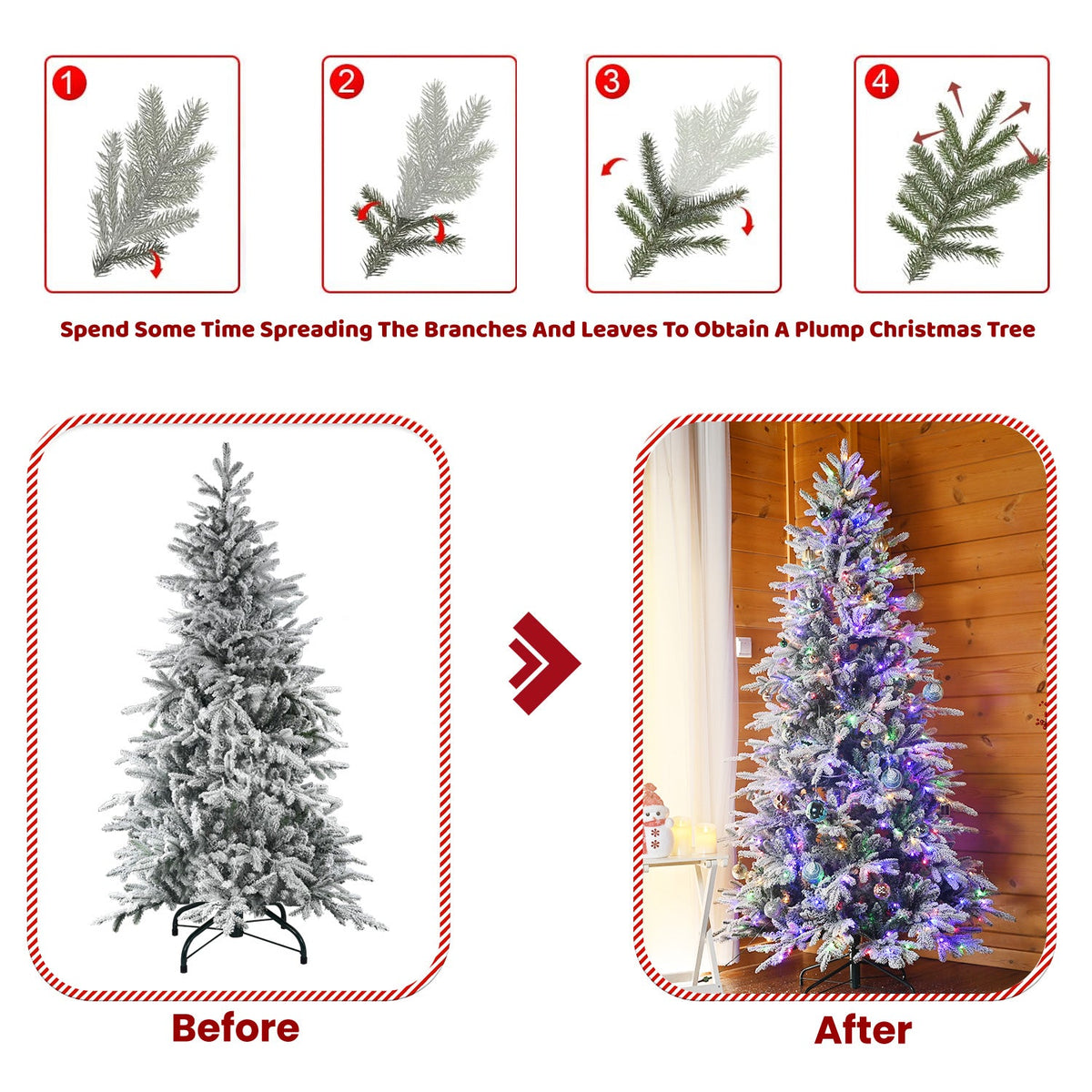 7FT PE+PVC Flocked Artificial Christmas Tree, 2086 Tips & 400L Two-Color 9 Modes LED Pre-Lit Christmas Tree, 49 Inch Maximum Diameter with Sturdy Metal Stand, Premium Snow Flocked Xmas Tree