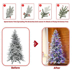 7FT PE+PVC Flocked Artificial Christmas Tree, 2086 Tips & 400L Two-Color 9 Modes LED Pre-Lit Christmas Tree, 49 Inch Maximum Diameter with Sturdy Metal Stand, Premium Snow Flocked Xmas Tree
