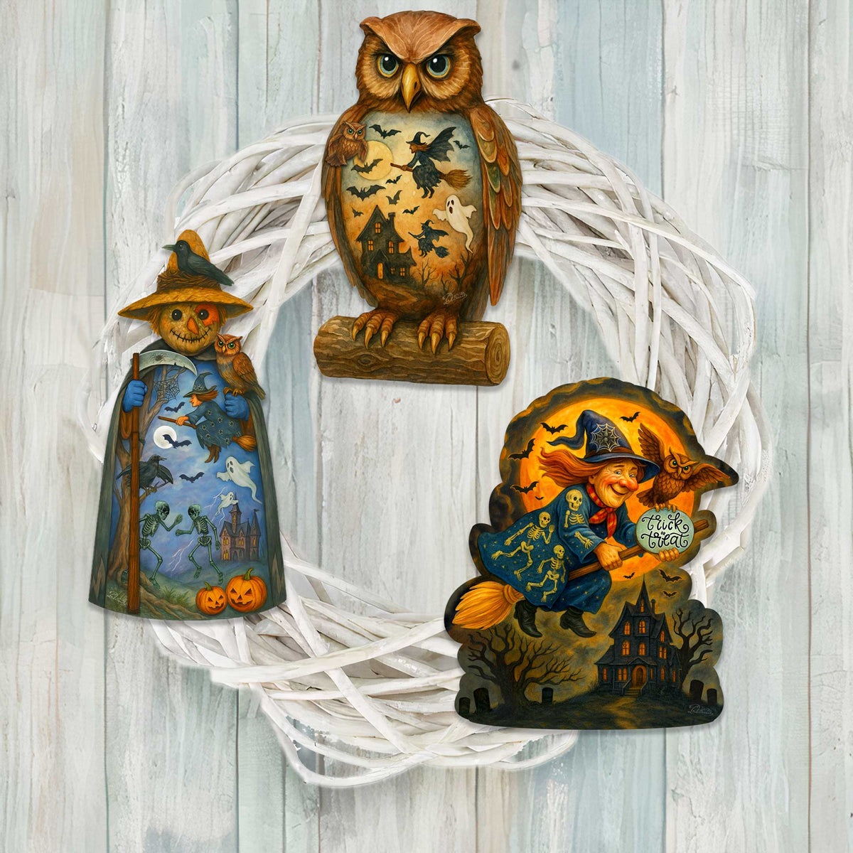 Halloween Clip-On Eco Wood Decorative Ornaments Set of 3 – Scarecrow, Owl & Witch – Handcrafted Décor by G. DeBrekht – 8091049C-S3