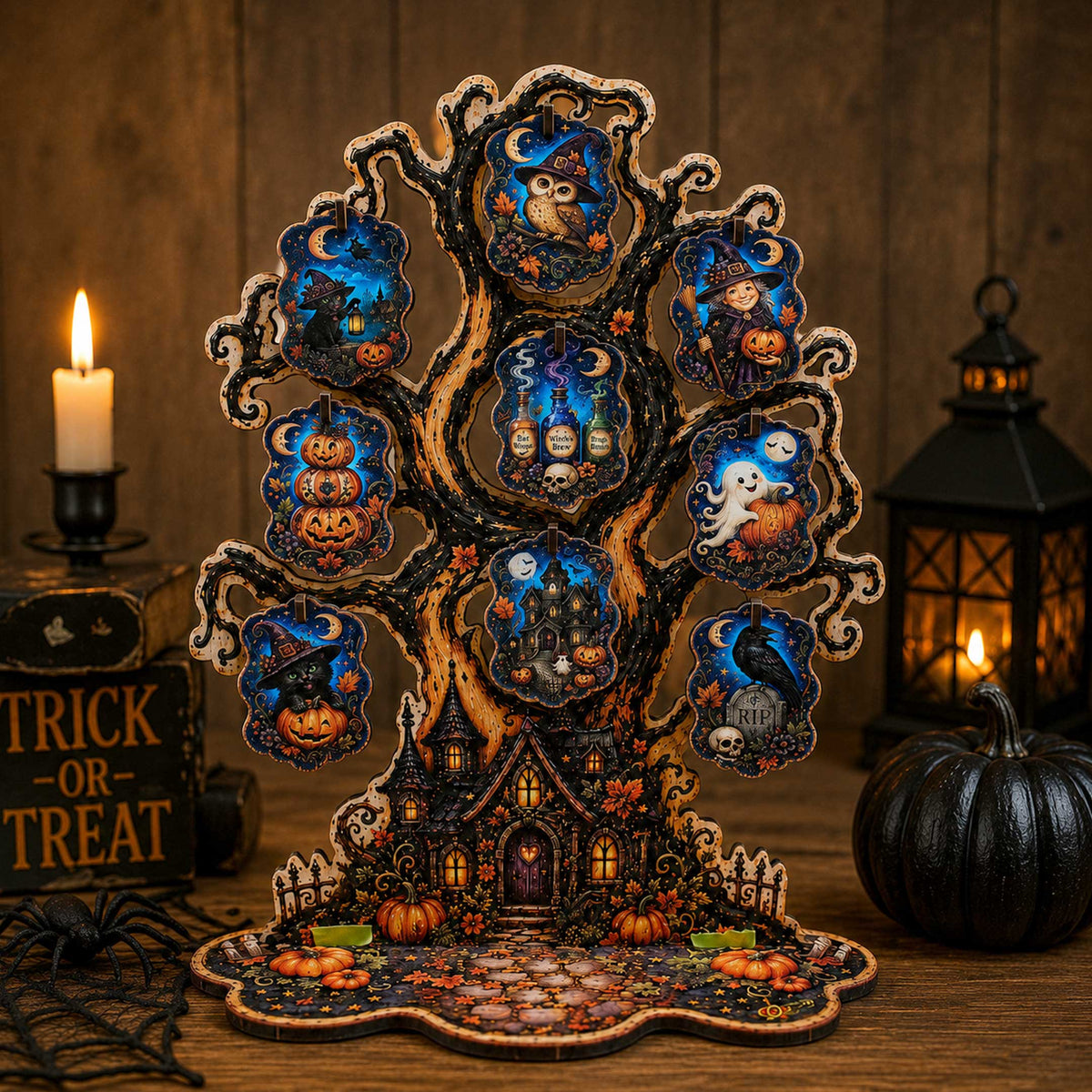 Halloween Haunted Tree Wooden Ornament Display – Handcrafted Tabletop Halloween Décor by G. Debrekht
