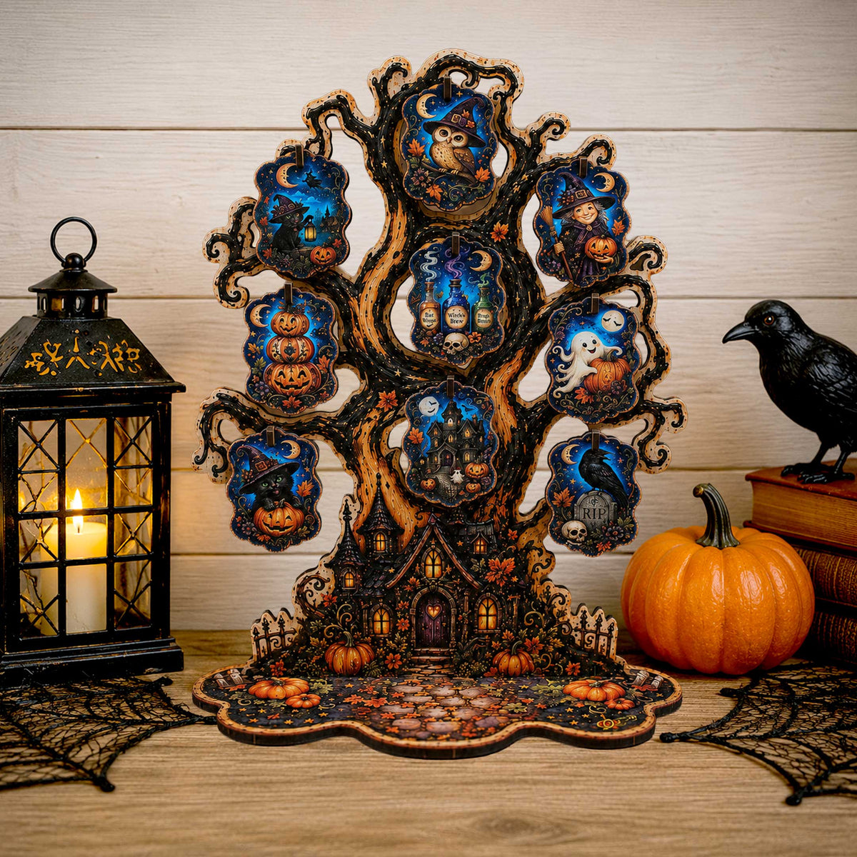 Halloween Haunted Tree Wooden Ornament Display – Handcrafted Tabletop Halloween Décor by G. Debrekht