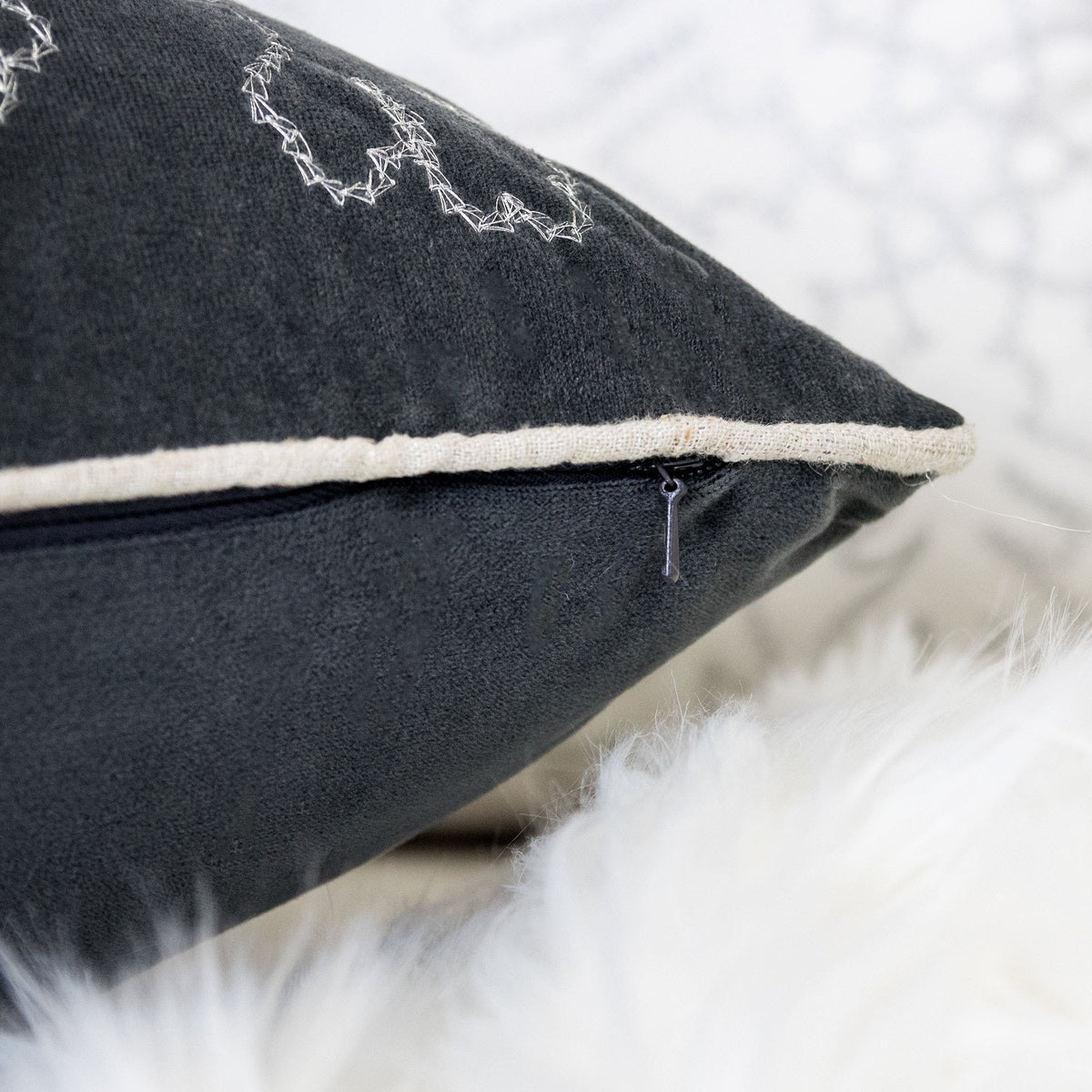 Gray Velvet Holiday Throw Pillow with Snowflake Embroidery - Gray