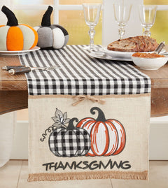 Fennco Styles Harvest Pumpkins Plaid Thanksgiving Table Runner 16" W x 70" L - Black & White Woven Table Cover for Banquets, Fall Festivals, Holidays, Special Events, Kitchen and Home Décor