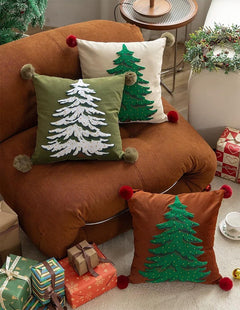 Fennco Styles Embroidered Christmas Tree Pom Pom Throw Pillow Cover 18" W x 18" L - Green Festive Cushion Case for Home, Christmas, Winter Holidays Décor, and Special Occasions