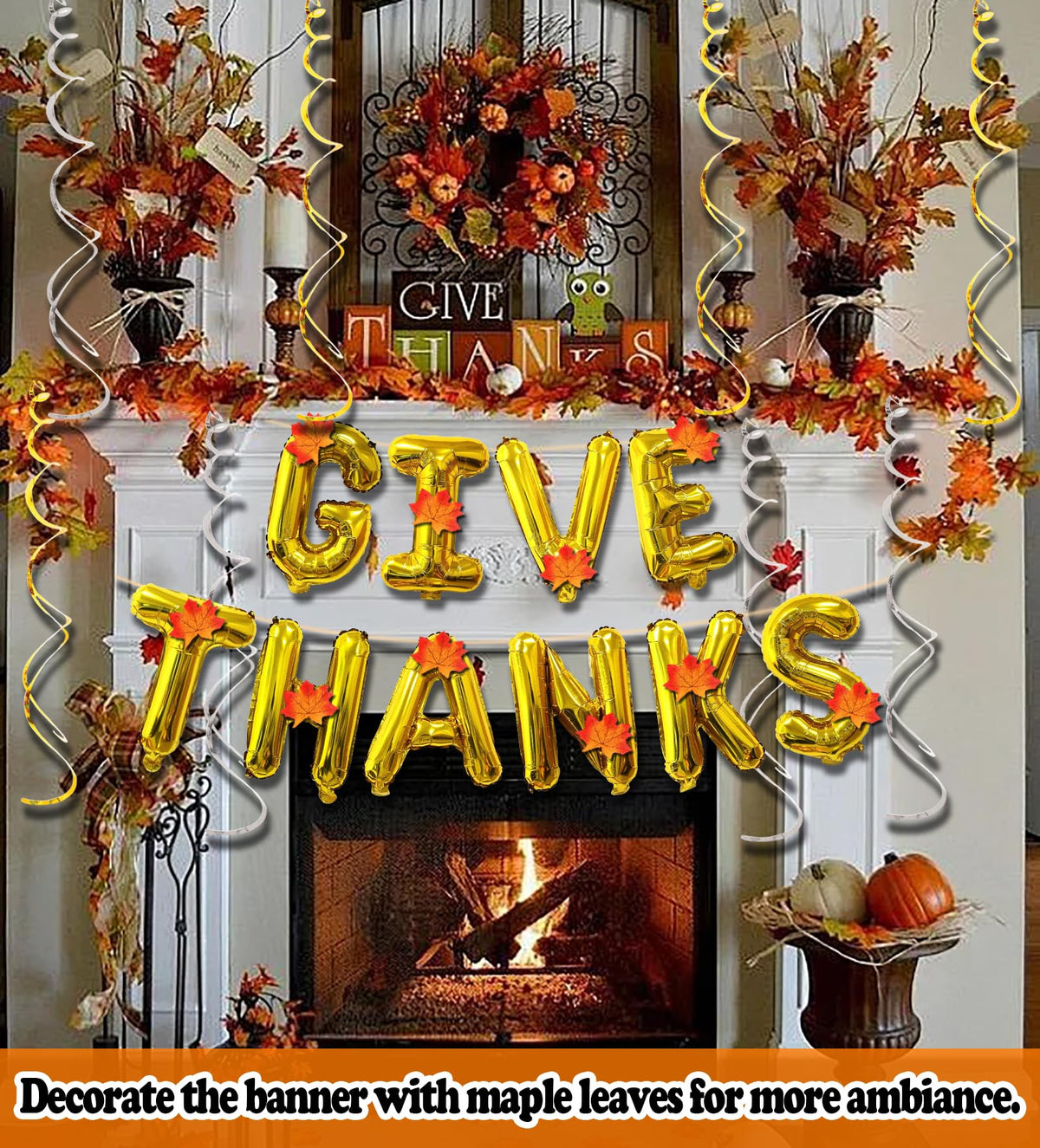Give Thanks Banner Balloons 16in Gold Thanksgiving Party Decor Maple Leaf