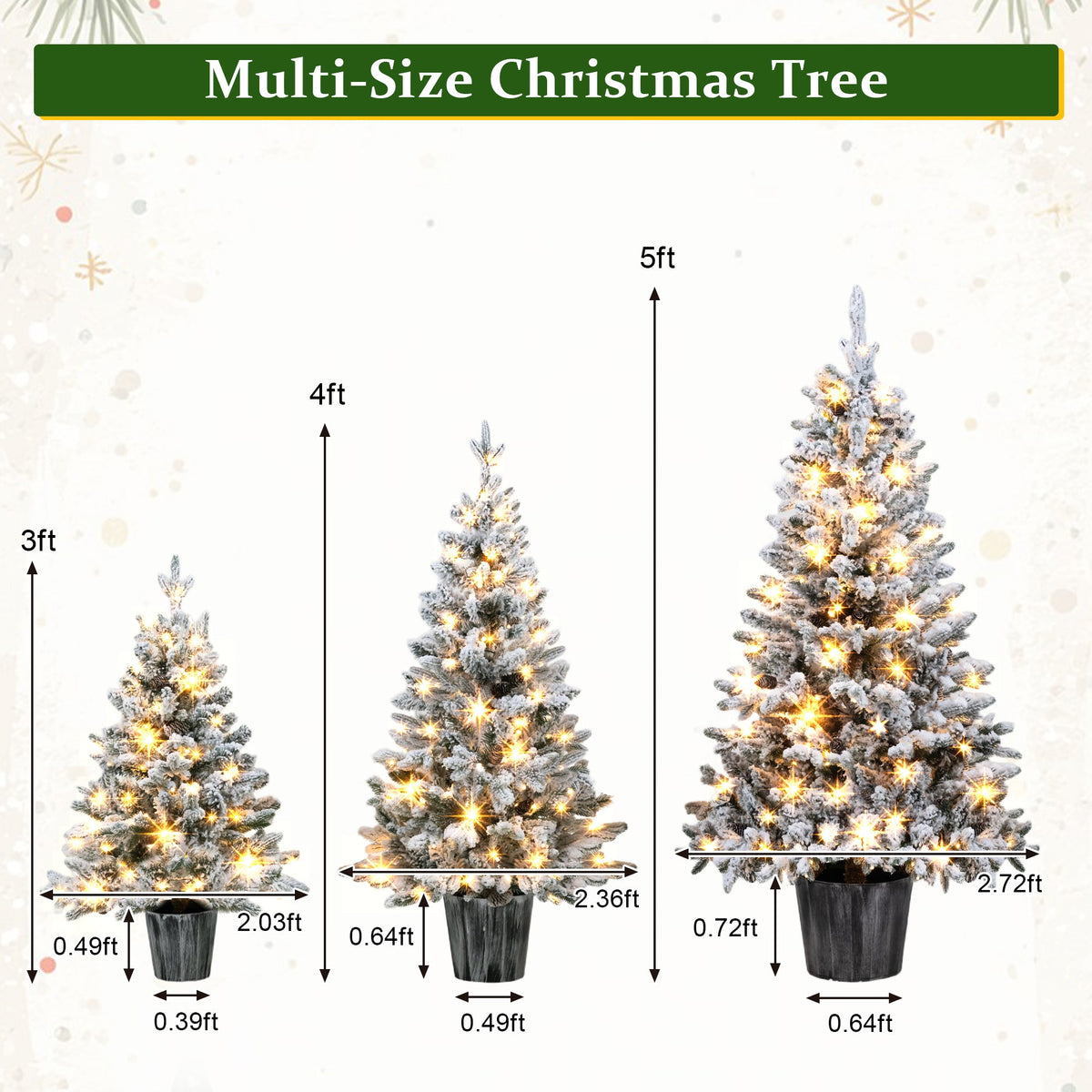 3-Piece Flocked Pre-Lit Christmas Tree Set with Warm White LED Lights - Flocked Finish