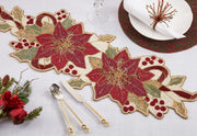 Fennco Styles Hand Beaded Poinsettia Christmas Table Runner 13" W x 36" L - Red & Green Festive Table Cover for Home Décor, Holidays, Family Gatherings, Banquets and Special Occasion