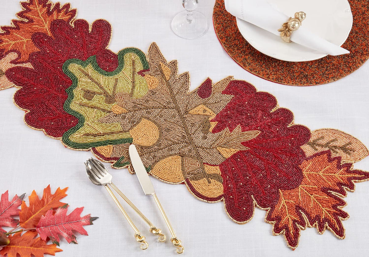 Fennco Styles Hand Beaded Fall Leaves Table Runner 13" W x 36" L - Multicolored Harvest Table Cover for Home Décor, Holidays, Family Gatherings, Banquets and Special Occasion
