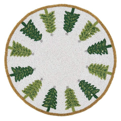 Fennco Style Hand Beaded Christmas Trees Holiday Placemat 15" Round, 1-Piece - Green & White Table Mat for Banquets, Christmas, Special Events and Home Décor
