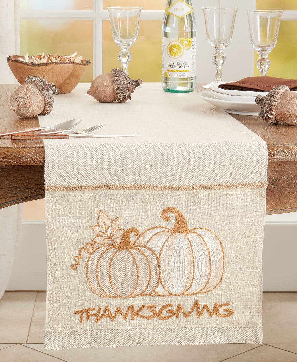 Fennco Styles Thanksgiving Pumpkins Woven Table Runner 16" W x 70" L - Natural Herringbone Table Cover for Banquets, Fall Festivals, Holidays, Special Events, Kitchen and Home Décor