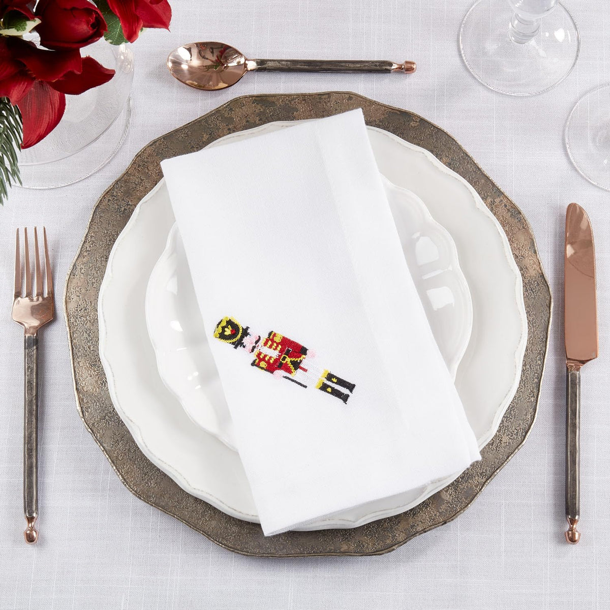 Fennco Styles Embroidered Nutcracker Holiday Cloth Napkins 20" W x 20" L, Set of 4 - White Festive Dinner Napkins for Christmas, Dining Table, Family Gatherings, Banquets & Home Décor