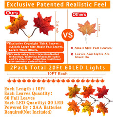 Feybxla 2 Pack Maple Leaf String Lights 20ft 60 LED Multicolor Waterproof