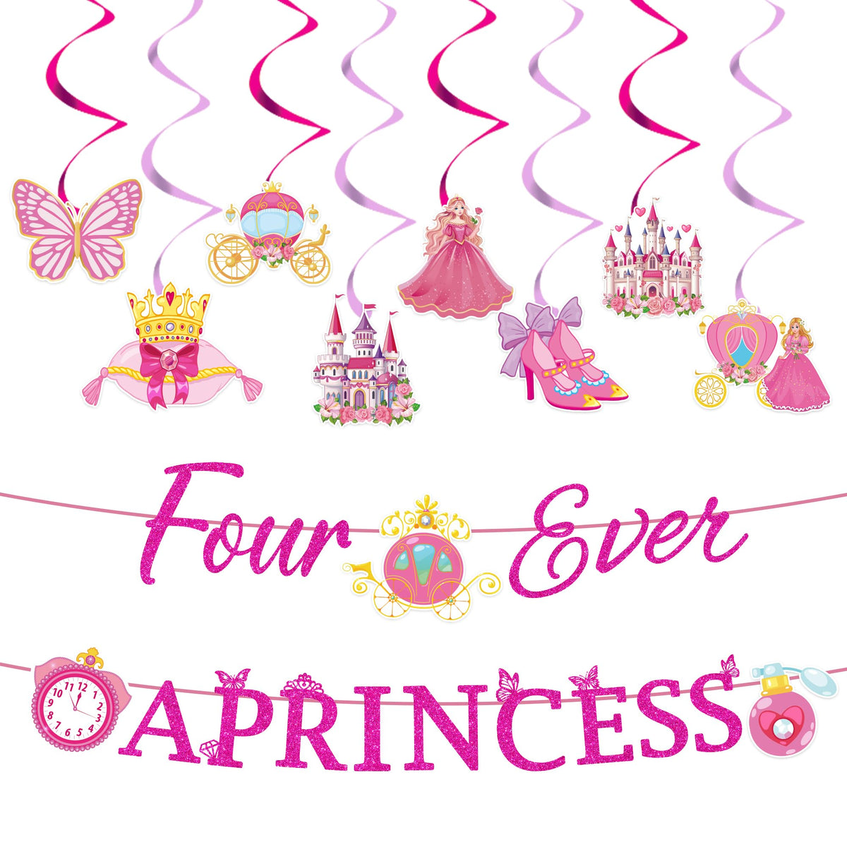 Princess 4th Birthday Party Decorations 2 Banners 8 Swirls Pink Lavender