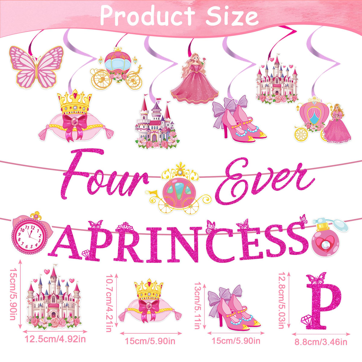 Princess 4th Birthday Party Decorations 2 Banners 8 Swirls Pink Lavender