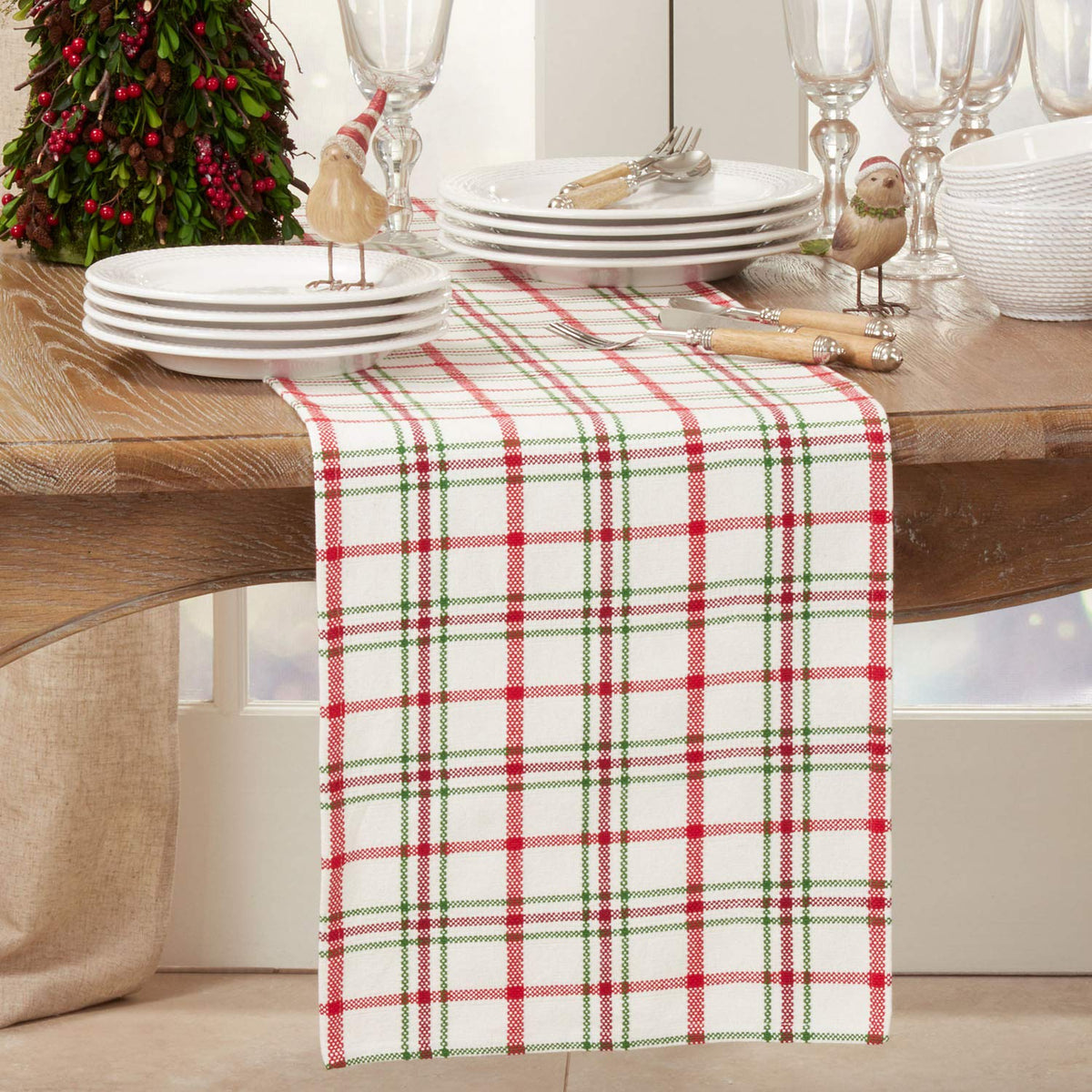 Fennco Styles Holiday Plaid Design 100% Cotton Table Runner 13" W x 72" L - Red Green Table Cover for Home, Dining Table Decor, Banquet, Christmas and Special Event