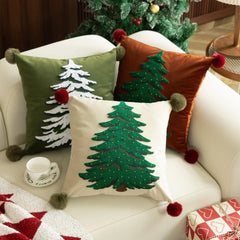 Fennco Styles Embroidered Christmas Tree Pom Pom Throw Pillow Cover 18" W x 18" L - Green Festive Cushion Case for Home, Christmas, Winter Holidays Décor, and Special Occasions