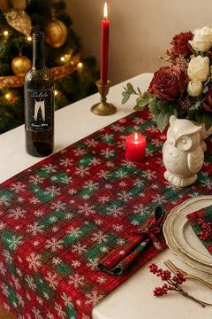 Fennco Styles Red & Green Tartan Plaid Christmas Table Runner with White Snowflakes 13" X 73" - Festive Holiday Table Cover for Christmas Décor, and Winter Festivals