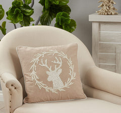 Fennco Styles Hand Beaded & Embroidered Wreath Reindeer Cotton Decorative Throw Pillow 18"W x 18"L – Natural Holiday Cushion for Home, Couch, Sofa, Bedroom, Office, Christmas Décor and Special Occasion