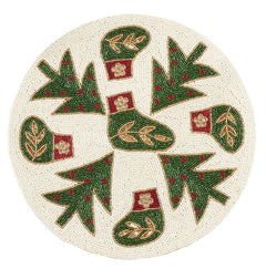 Fennco Style Hand Beaded Christmas Stockings and Trees Holiday Placemat 15" Round, 1-Piece - Red & Green Table Mat for Banquets and Home Décor