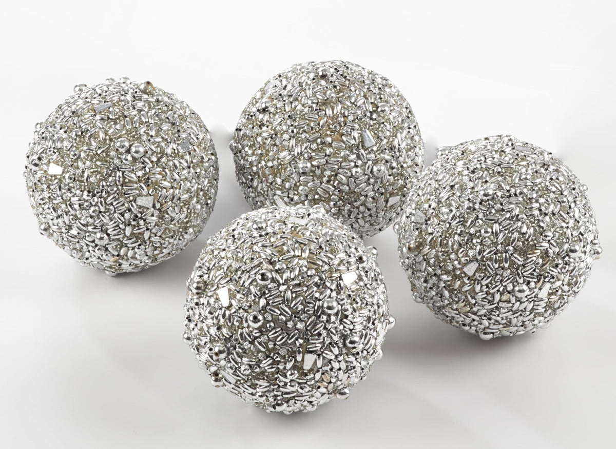 Fennco Styles Christmas Beaded Decorative Spheres 4", Set of 4 - Silver Shimmering Orbs for Home, Winter Holidays, Centerpiece, Weddings and Tabletop Décor