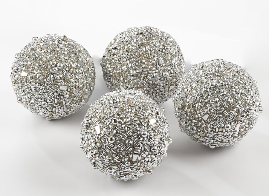 Fennco Styles Christmas Beaded Decorative Spheres 4", Set of 4 - Silver Shimmering Orbs for Home, Winter Holidays, Centerpiece, Weddings and Tabletop Décor