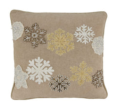 Fennco Styles Beaded Embroidered Snowflake Cotton Throw Pillow 18" W x 18" L - Natural Holiday Cushion for Christmas, Home, Couch, Living Room Décor, Special Occasion