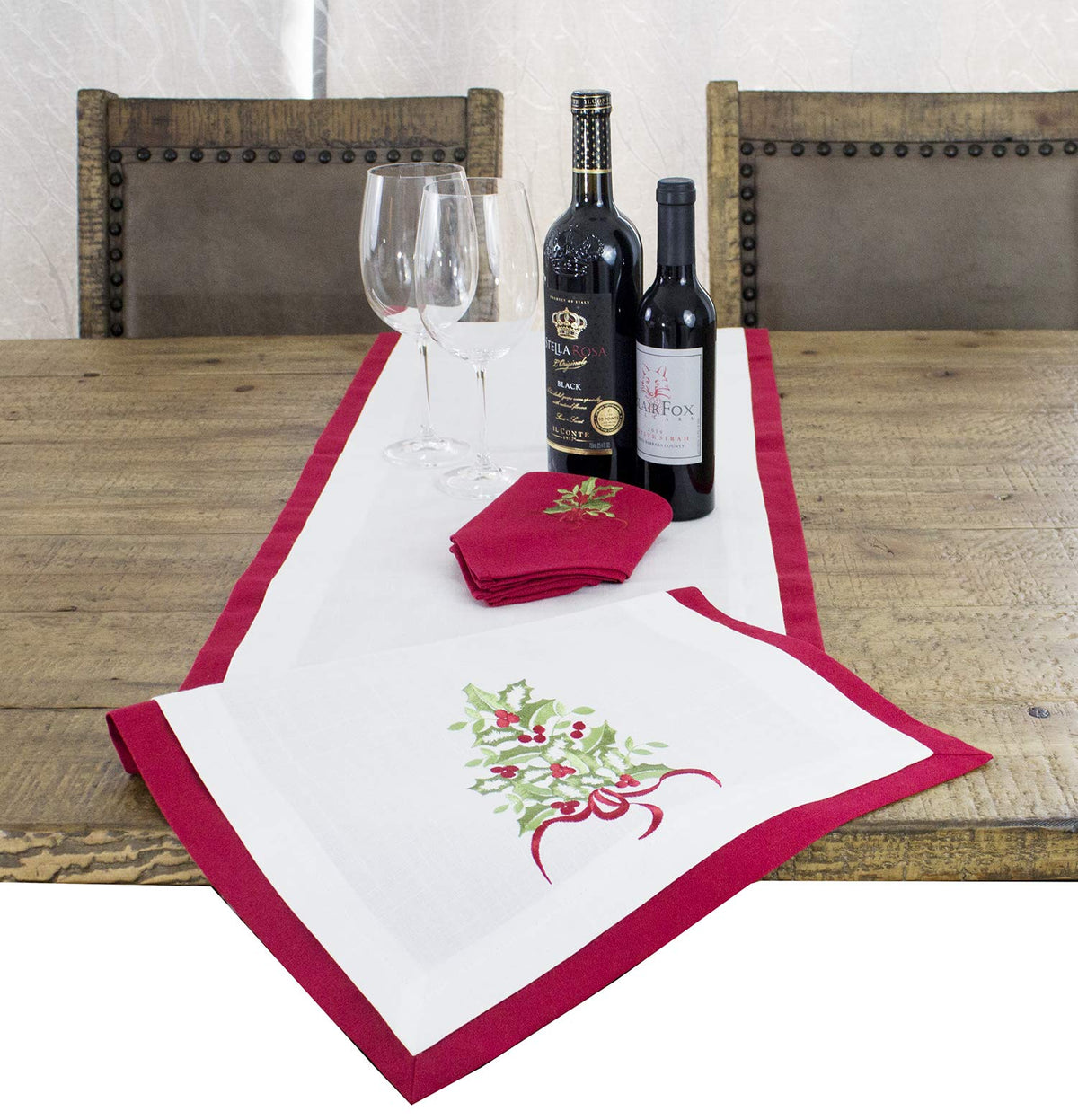 Fennco Styles Embroidered Holly Christmas Tree Double-Layer Holiday Tablecloth