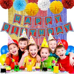 TRBSXRT Cartoon Birthday Decorations Gold Red Blue Foil Fringe Curtains Balloons