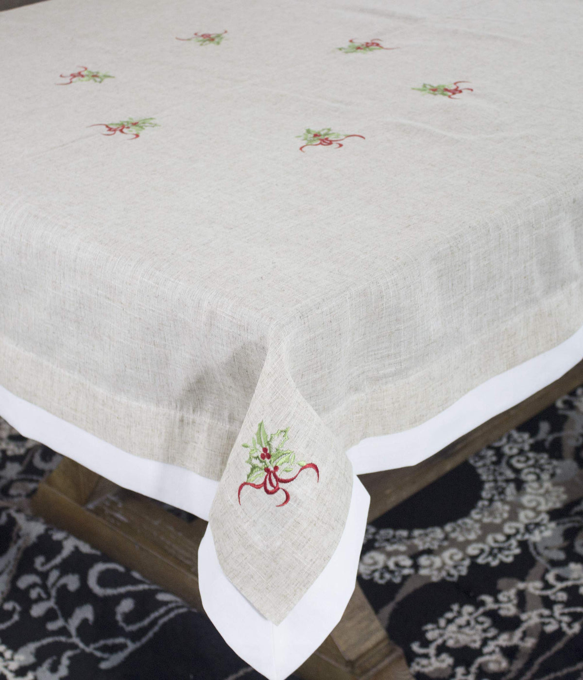 Fennco Styles Embroidered Holly Christmas Tree Double-Layer Holiday Tablecloth