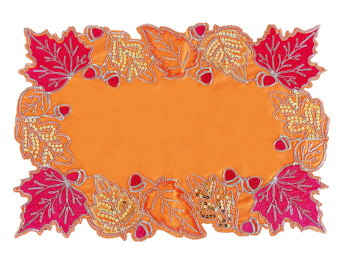 Fennco Styles Embroidered Sequin Autumn Leaves Table Runner 16" W X 33" L - Terracotta Harvest Foliage Table Cover for Thanksgiving, Holiday, Banquets, Special Occasion