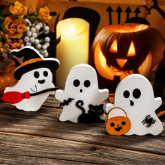 Cute Ghost Halloween Decorations Indoor, Wooden Tiered Tray Decor Table Sign Set of 3, Black Cat Bat Witch Broom Signs Pumpkin Blocks for Party Home Shelf Display (A-Ghost)