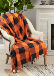 Fennco Styles Autumn Rustic Plaid Tassel Cotton Throw Blanket 50" W x 60" L – Black Orange Blanket for Couch, Bedroom and Living Room Décor