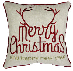 Christmas Throw Pillow with Embroidered Holiday Message - Red and Gold