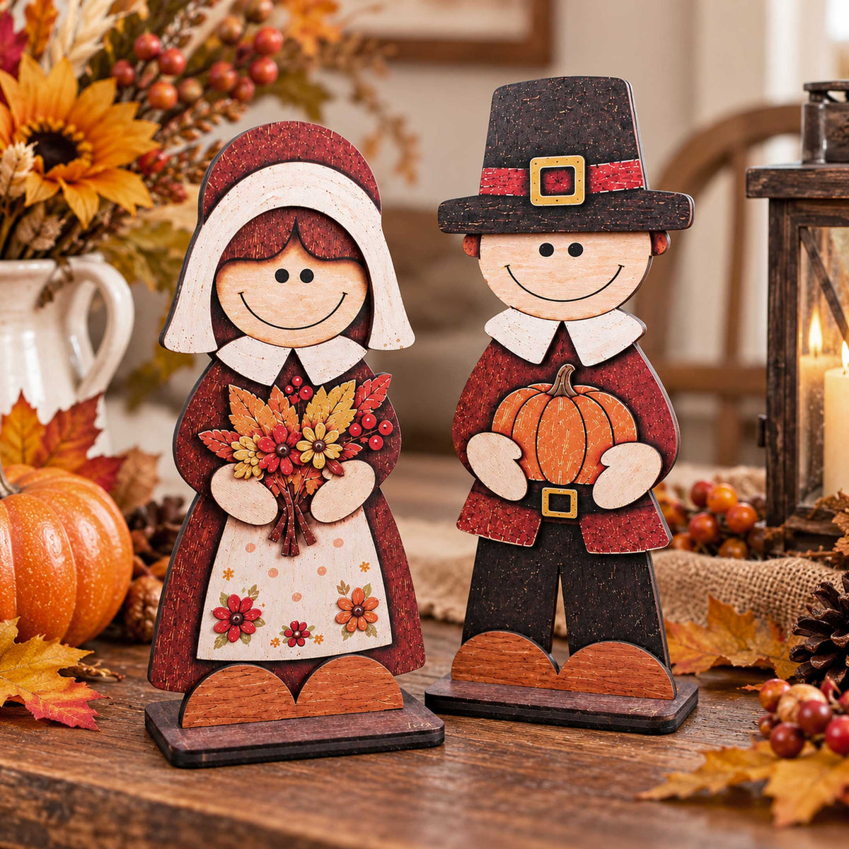 Thanksgiving Pilgrim Couple Wooden Tabletop Decoration Set of 2 – Handcrafted Fall Harvest Décor by G. Debrekht