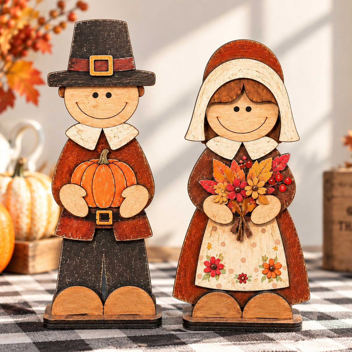 Thanksgiving Pilgrim Couple Wooden Tabletop Decoration Set of 2 – Handcrafted Fall Harvest Décor by G. Debrekht