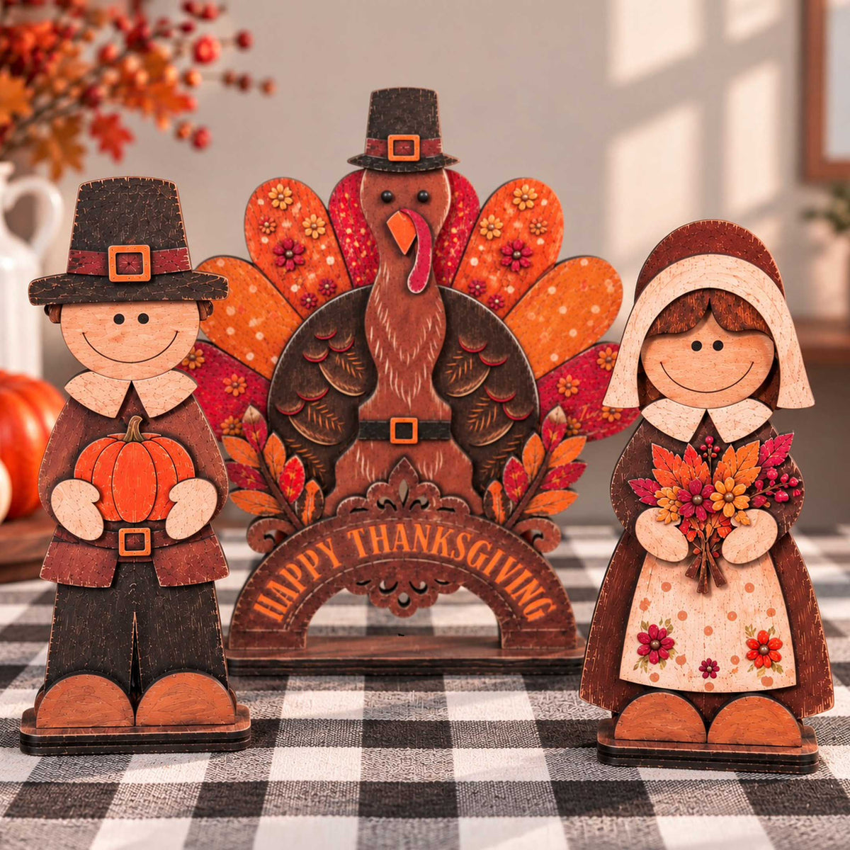 Thanksgiving Pilgrim Couple and Turkey Wooden Tabletop Decoration Set of 3 – Harvest Fall Décor by G. Debrekht