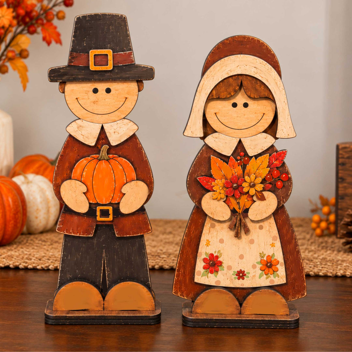 Thanksgiving Pilgrim Couple and Turkey Wooden Tabletop Decoration Set of 3 – Harvest Fall Décor by G. Debrekht
