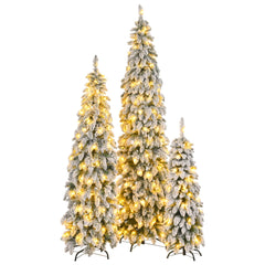 Pre-Lit Pencil Christmas Tree 3-Set, 4ft/6ft/8ft, Snow-Flocked, 290 LED Lights, White and Green