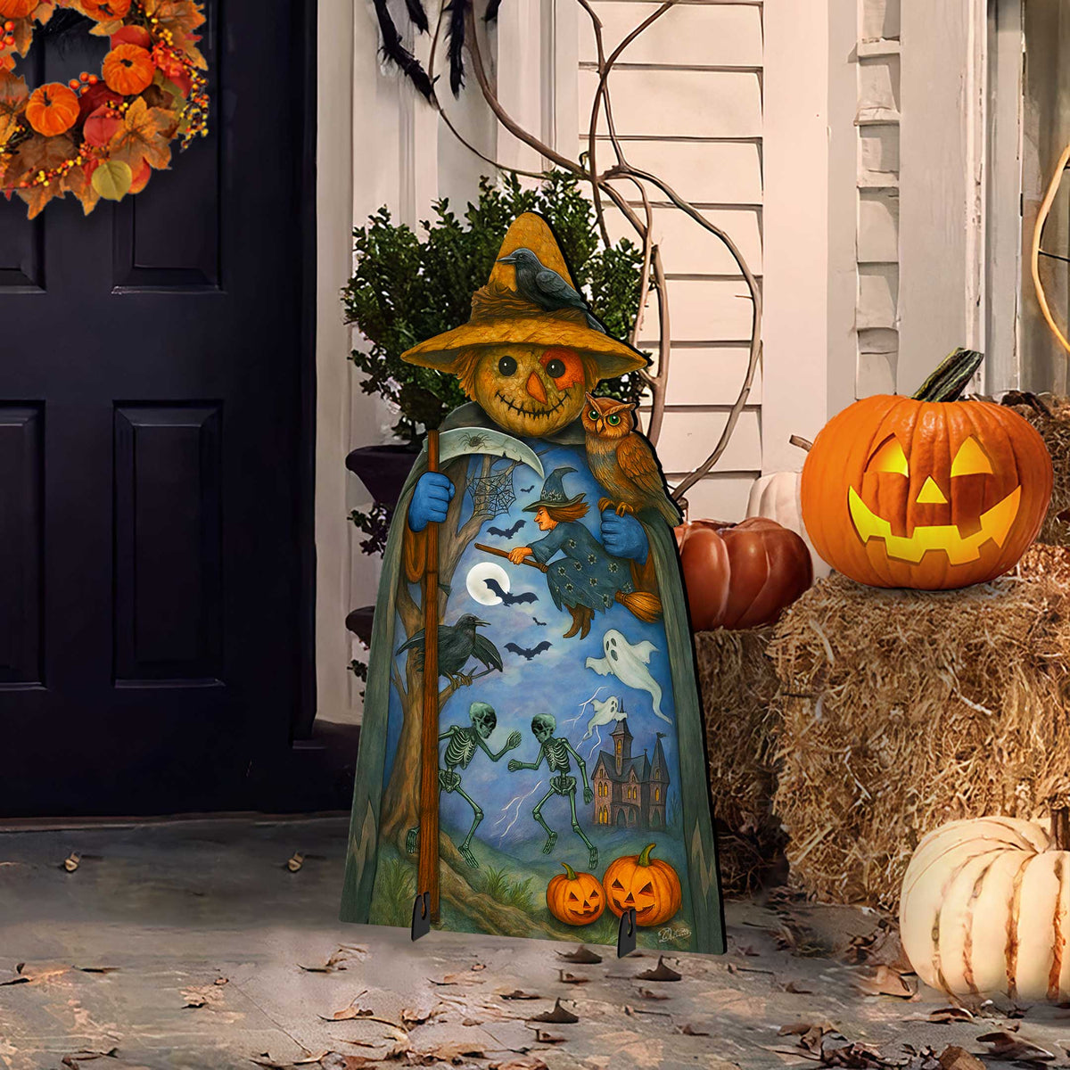 Halloween Scarecrow Freestanding Outdoor Décor – Handcrafted Wooden Yard Display by G. DeBrekht – 8652835F